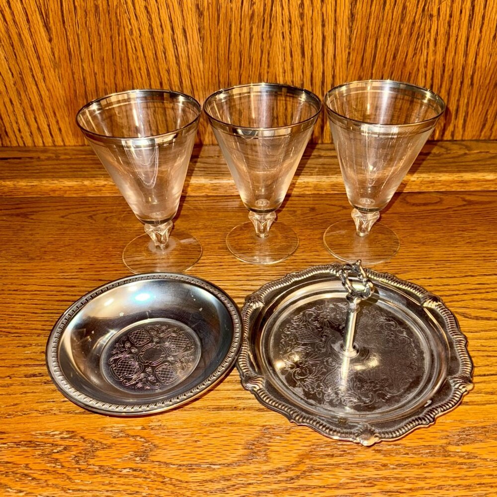 Vintage Silver Set of 3 Glasses and 2 Trays